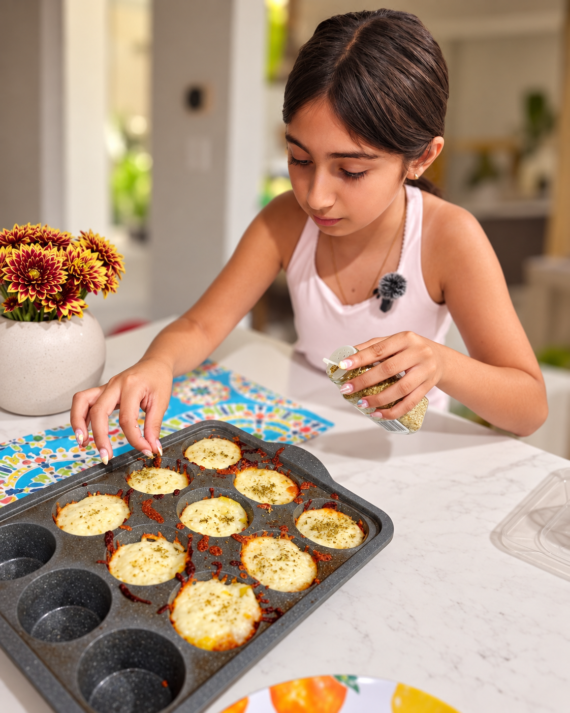 Young cook seasoning freshly baked bites