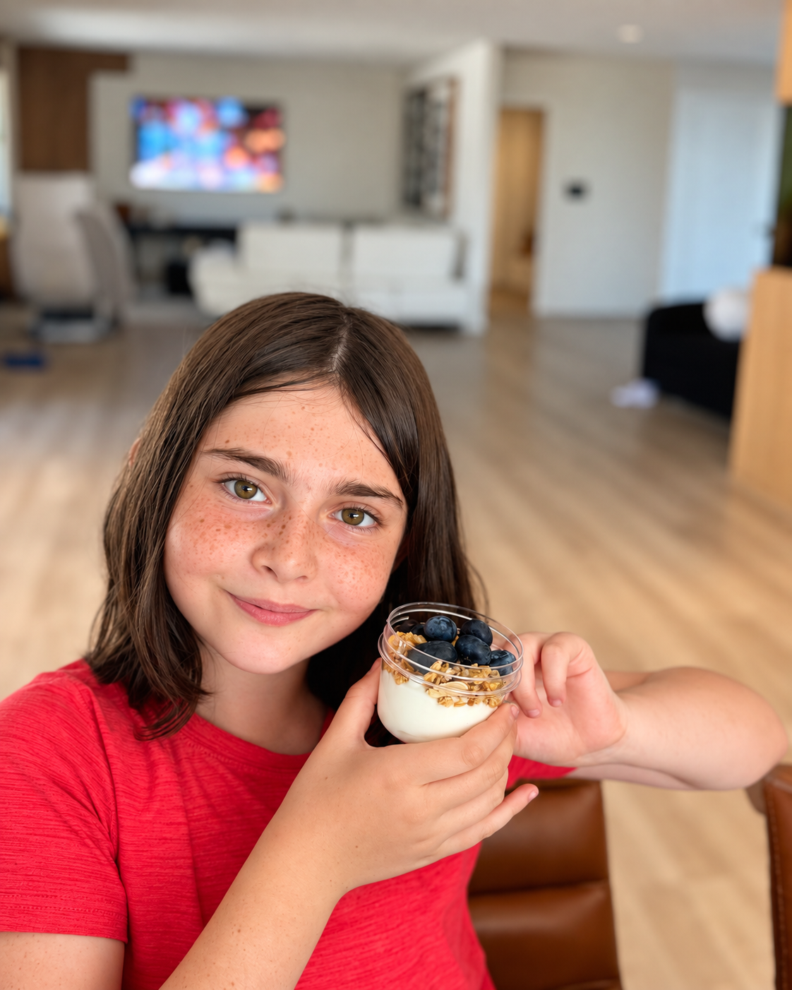 Young cook holding a yogurt and berry parfait