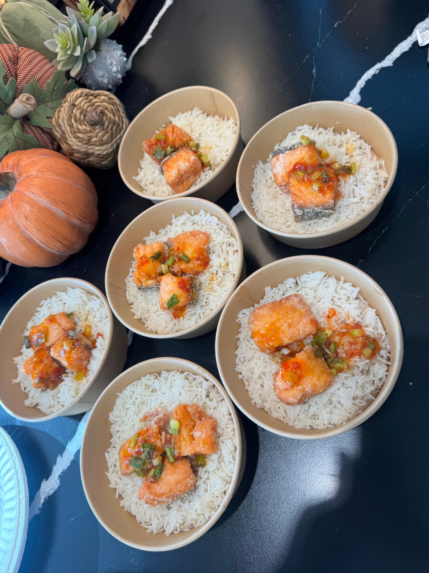 Plated salmon over rice, made by the class